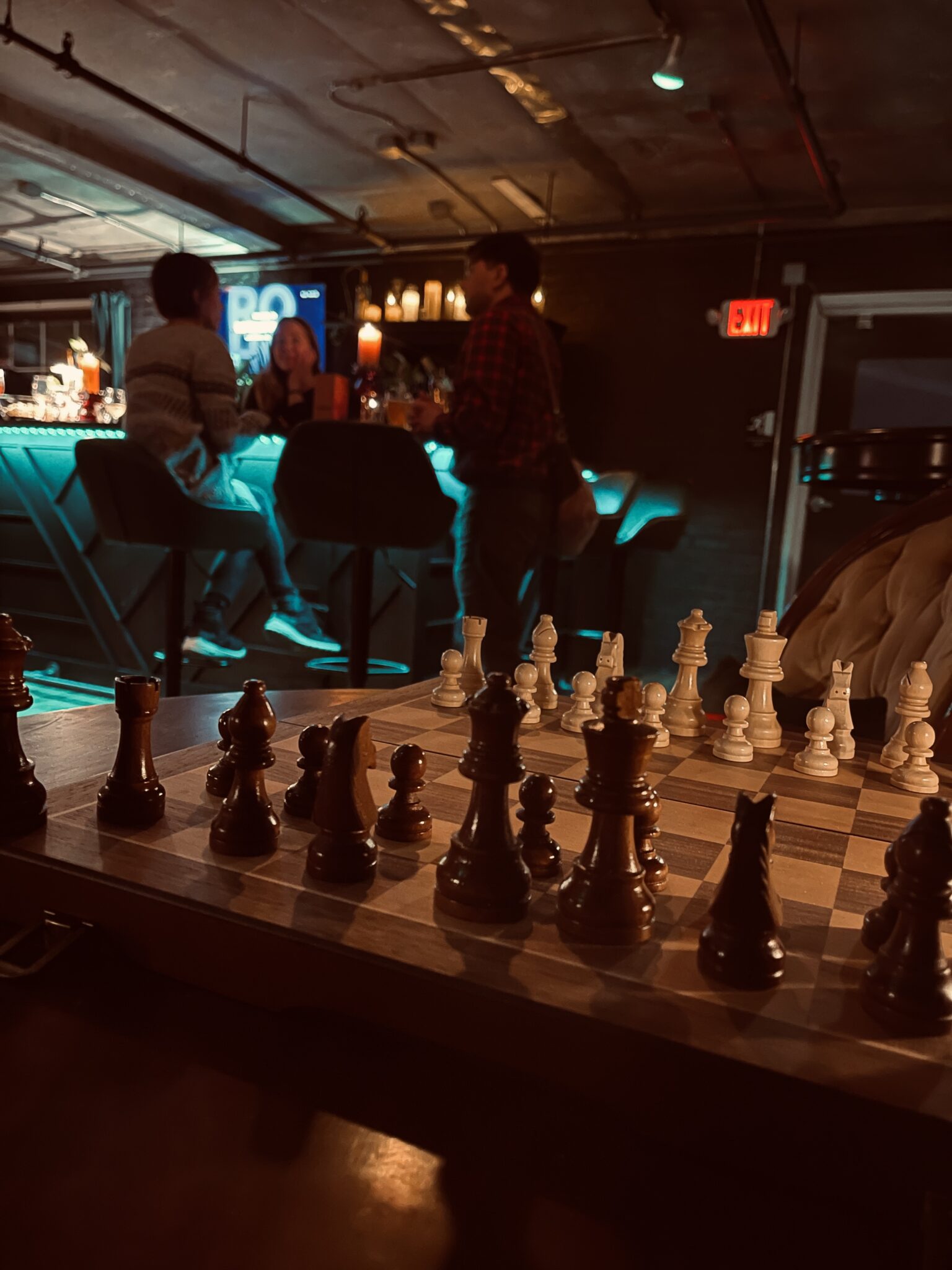 A chess game set up in the lounge